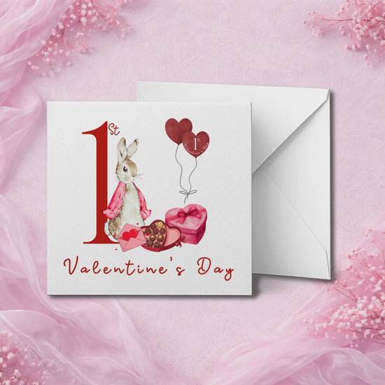 Baby’s 1st Valentine’s Day Card – Cute Bunny First Valentine Card – New Baby Girl Boy Gift – Keepsake Valentine’s Card – Pink Neutral Design