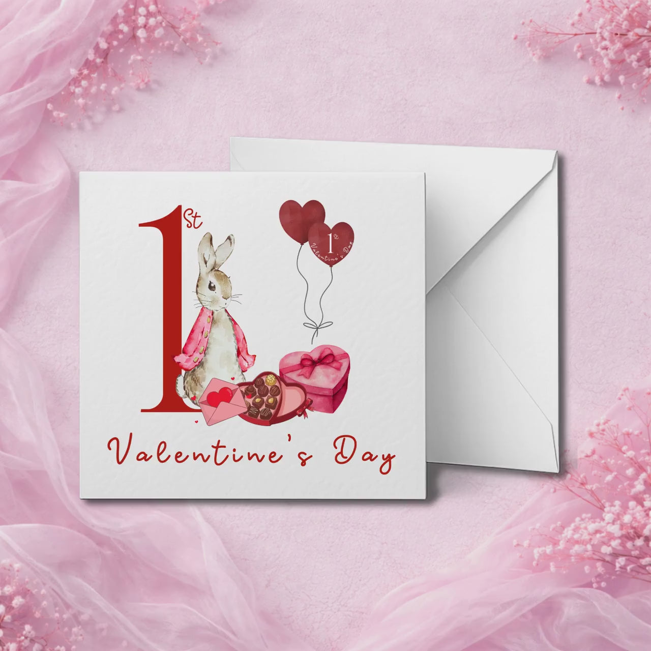 Baby’s 1st Valentine’s Day Card – Cute Bunny First Valentine Card – New Baby Girl Boy Gift – Keepsake Valentine’s Card – Pink Neutral Design